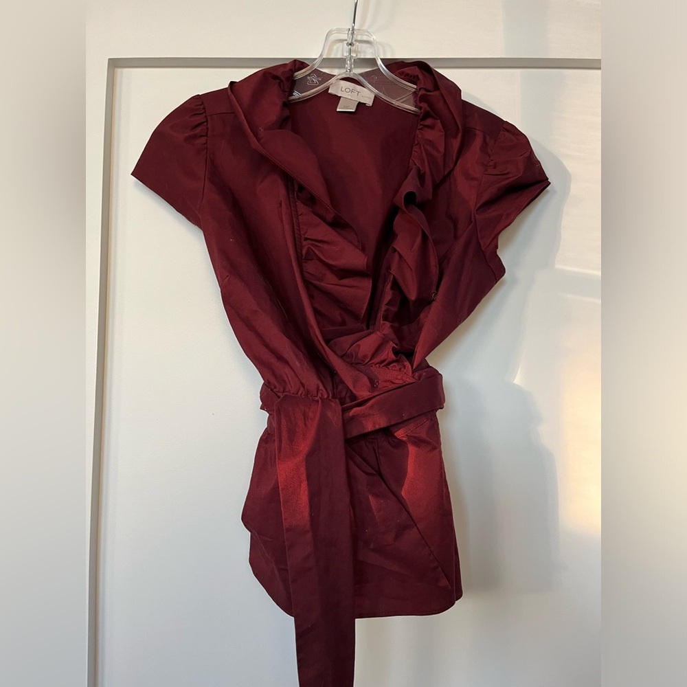 Loft Petite wine red wrap blouse